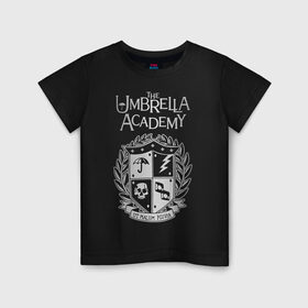 Детская футболка хлопок с принтом Академия Амбрелла в Курске, 100% хлопок | круглый вырез горловины, полуприлегающий силуэт, длина до линии бедер | the umbrella academy | umbrella | академия амбрелла | амбрелла | герб | зонтик | комиксы
