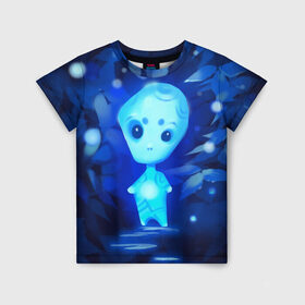 Детская футболка 3D с принтом Лесной дух в Курске, 100% гипоаллергенный полиэфир | прямой крой, круглый вырез горловины, длина до линии бедер, чуть спущенное плечо, ткань немного тянется | дух | лес | листва | светлячки | синий | тропинка
