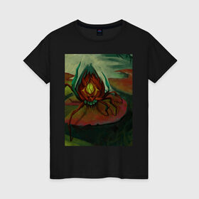 Женская футболка хлопок с принтом Ходячий цветок в Курске, 100% хлопок | прямой крой, круглый вырез горловины, длина до линии бедер, слегка спущенное плечо | болото | кувшинка | лилия | насекомое | паук | пруд | растение | цветок