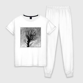 Женская пижама хлопок с принтом Дом на дереве в Курске, 100% хлопок | брюки и футболка прямого кроя, без карманов, на брюках мягкая резинка на поясе и по низу штанин | ветки | графика | дерево | дом | жуткий | мрачный | небо | одиночество | пасмурно | пустота
