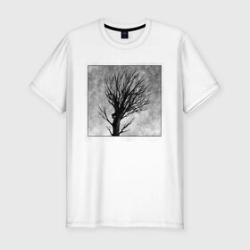 Мужская футболка хлопок Slim с принтом Дом на дереве в Курске, 92% хлопок, 8% лайкра | приталенный силуэт, круглый вырез ворота, длина до линии бедра, короткий рукав | ветки | графика | дерево | дом | жуткий | мрачный | небо | одиночество | пасмурно | пустота