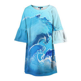 Детское платье 3D с принтом Волна с фоном в Курске, 100% полиэстер | прямой силуэт, чуть расширенный к низу. Круглая горловина, на рукавах — воланы | акварель | брызги | вода | волны | море | океан