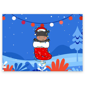 Поздравительная открытка с принтом Бык в новогоднем носке в Курске, 100% бумага | плотность бумаги 280 г/м2, матовая, на обратной стороне линовка и место для марки
 | 2021 | 7 января | bull | newyear | santa | бык | быки | бычок | год быка | дед мороз | корова | новогодние каникулы | новогодние праздники | новый 2021 | новый год | новый год 2021 | рождество | сани | санта | санта клаус