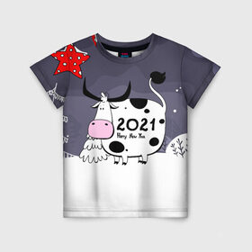 Детская футболка 3D с принтом Корова 2021 в Курске, 100% гипоаллергенный полиэфир | прямой крой, круглый вырез горловины, длина до линии бедер, чуть спущенное плечо, ткань немного тянется | 2021 | 7 января | bull | newyear | santa | бык | быки | бычок | год быка | дед мороз | корова | новогодние каникулы | новогодние праздники | новый 2021 | новый год | новый год 2021 | рождество | сани | санта | санта клаус