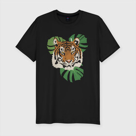 Мужская футболка хлопок Slim с принтом Тигр в джунглях в Курске, 92% хлопок, 8% лайкра | приталенный силуэт, круглый вырез ворота, длина до линии бедра, короткий рукав | nature | tiger | wild | wild animals | джунгли | дикие животные | дикий | животные | кошачьи | крупные кошки | полосатый | природа | тигр | тигр в джунглях | тигренок | тропики | хищник | хищные животные