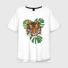 Мужская футболка хлопок Oversize с принтом Тигр в джунглях в Курске, 100% хлопок | свободный крой, круглый ворот, “спинка” длиннее передней части | nature | tiger | wild | wild animals | джунгли | дикие животные | дикий | животные | кошачьи | крупные кошки | полосатый | природа | тигр | тигр в джунглях | тигренок | тропики | хищник | хищные животные