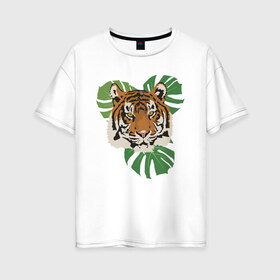 Женская футболка хлопок Oversize с принтом Тигр в джунглях в Курске, 100% хлопок | свободный крой, круглый ворот, спущенный рукав, длина до линии бедер
 | nature | tiger | wild | wild animals | джунгли | дикие животные | дикий | животные | кошачьи | крупные кошки | полосатый | природа | тигр | тигр в джунглях | тигренок | тропики | хищник | хищные животные