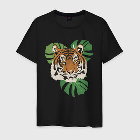 Мужская футболка хлопок с принтом Тигр в джунглях в Курске, 100% хлопок | прямой крой, круглый вырез горловины, длина до линии бедер, слегка спущенное плечо. | nature | tiger | wild | wild animals | джунгли | дикие животные | дикий | животные | кошачьи | крупные кошки | полосатый | природа | тигр | тигр в джунглях | тигренок | тропики | хищник | хищные животные