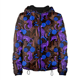 Женская куртка 3D с принтом Purple Leopards в Курске, ткань верха — 100% полиэстер, подклад — флис | прямой крой, подол и капюшон оформлены резинкой с фиксаторами, два кармана без застежек по бокам, один большой потайной карман на груди. Карман на груди застегивается на липучку | 