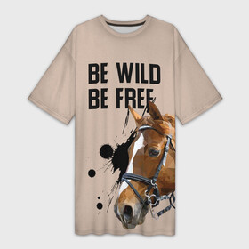 Платье-футболка 3D с принтом Be wild be free в Курске,  |  | horse | horseshoe | акварель | головалошади | грива | жеребец | животные | конь | лошадь | лошадьскрыльями | подкова | природа | рисуноккрасками
