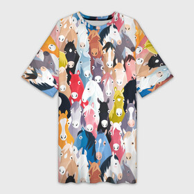 Платье-футболка 3D с принтом цветные лошади в Курске,  |  | horse | horseshoe | акварель | головалошади | грива | жеребец | животные | конь | лошадь | лошадьскрыльями | подкова | природа | рисуноккрасками