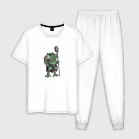 Мужская пижама хлопок с принтом Воин жабалюд в Курске, 100% хлопок | брюки и футболка прямого кроя, без карманов, на брюках мягкая резинка на поясе и по низу штанин
 | frog | green | staff | warrior | воин | жаба | зеленый | ил | посох