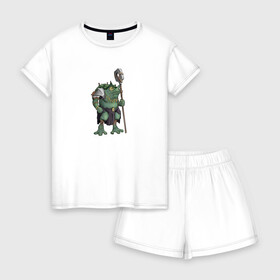 Женская пижама с шортиками хлопок с принтом Воин жабалюд в Курске, 100% хлопок | футболка прямого кроя, шорты свободные с широкой мягкой резинкой | frog | green | staff | warrior | воин | жаба | зеленый | ил | посох