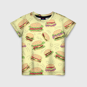 Детская футболка 3D с принтом Узор с бургерами в Курске, 100% гипоаллергенный полиэфир | прямой крой, круглый вырез горловины, длина до линии бедер, чуть спущенное плечо, ткань немного тянется | бургер | гамбургер | еда | желтый | паттерн | узор | фастфуд