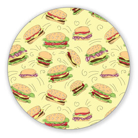 Коврик для мышки круглый с принтом Узор с бургерами в Курске, резина и полиэстер | круглая форма, изображение наносится на всю лицевую часть | бургер | гамбургер | еда | желтый | паттерн | узор | фастфуд