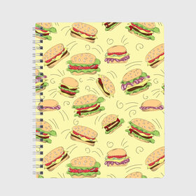 Тетрадь с принтом Узор с бургерами в Курске, 100% бумага | 48 листов, плотность листов — 60 г/м2, плотность картонной обложки — 250 г/м2. Листы скреплены сбоку удобной пружинной спиралью. Уголки страниц и обложки скругленные. Цвет линий — светло-серый
 | Тематика изображения на принте: бургер | гамбургер | еда | желтый | паттерн | узор | фастфуд