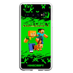 Чехол для Samsung Galaxy S10 с принтом Minecraft в Курске, Силикон | Область печати: задняя сторона чехла, без боковых панелей | minecraft | алекс | белый | блоки | взрывчатка | визера | гаст | добывать | дракон | зеленая | зеленый куб | зомби | игра | кирка | крафт | крипер | кубики | лошадка | майн | майнкрафт | манкрафт | меч | оцелот