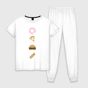 Женская пижама хлопок с принтом Fast Food в Курске, 100% хлопок | брюки и футболка прямого кроя, без карманов, на брюках мягкая резинка на поясе и по низу штанин | doodle | бургер | вкусно | донат | еда | мило | нямка | пицца | сосиска | фастфуд | хотдог