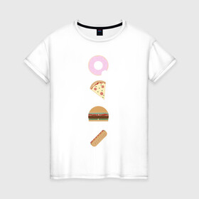 Женская футболка хлопок с принтом Fast Food в Курске, 100% хлопок | прямой крой, круглый вырез горловины, длина до линии бедер, слегка спущенное плечо | doodle | бургер | вкусно | донат | еда | мило | нямка | пицца | сосиска | фастфуд | хотдог