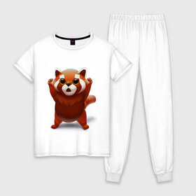 Женская пижама хлопок с принтом Красная панда в Курске, 100% хлопок | брюки и футболка прямого кроя, без карманов, на брюках мягкая резинка на поясе и по низу штанин | big eyes | cute | red panda | большие глаза | красная панда | милаха