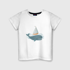 Детская футболка хлопок с принтом Кит в Курске, 100% хлопок | круглый вырез горловины, полуприлегающий силуэт, длина до линии бедер | Тематика изображения на принте: кит | лодка | море | морские жители | океан | яхта