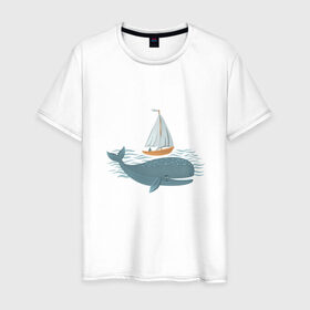 Мужская футболка хлопок с принтом Кит в Курске, 100% хлопок | прямой крой, круглый вырез горловины, длина до линии бедер, слегка спущенное плечо. | Тематика изображения на принте: кит | лодка | море | морские жители | океан | яхта