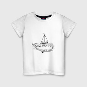 Детская футболка хлопок с принтом Кит в Курске, 100% хлопок | круглый вырез горловины, полуприлегающий силуэт, длина до линии бедер | Тематика изображения на принте: кит | лодка | море | морские жители | океан | яхта