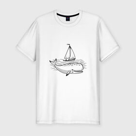Мужская футболка хлопок Slim с принтом Кит в Курске, 92% хлопок, 8% лайкра | приталенный силуэт, круглый вырез ворота, длина до линии бедра, короткий рукав | Тематика изображения на принте: кит | лодка | море | морские жители | океан | яхта