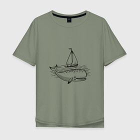 Мужская футболка хлопок Oversize с принтом Кит в Курске, 100% хлопок | свободный крой, круглый ворот, “спинка” длиннее передней части | кит | лодка | море | морские жители | океан | яхта