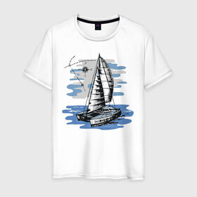 Мужская футболка хлопок с принтом Яхта в Курске, 100% хлопок | прямой крой, круглый вырез горловины, длина до линии бедер, слегка спущенное плечо. | Тематика изображения на принте: лодка | море | океан | путешествия | яхта