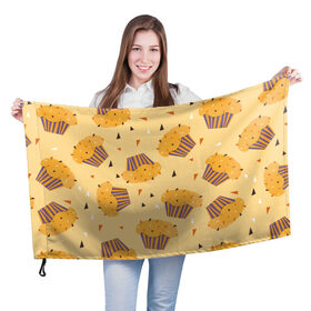 Флаг 3D с принтом Капкейки на желтом фоне в Курске, 100% полиэстер | плотность ткани — 95 г/м2, размер — 67 х 109 см. Принт наносится с одной стороны | еда | желтый | капкейки | кондитер | оранжевый | паттерн | пирожное | повар | сладости | узор | хеллоуин