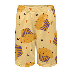 Детские спортивные шорты 3D с принтом Капкейки на желтом фоне в Курске,  100% полиэстер
 | пояс оформлен широкой мягкой резинкой, ткань тянется
 | еда | желтый | капкейки | кондитер | оранжевый | паттерн | пирожное | повар | сладости | узор | хеллоуин