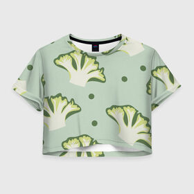 Женская футболка Crop-top 3D с принтом Брокколи - зеленый узор в Курске, 100% полиэстер | круглая горловина, длина футболки до линии талии, рукава с отворотами | брокколи | здоровое питание | зеленый | зож | паттерн | растения | узор | фитнес