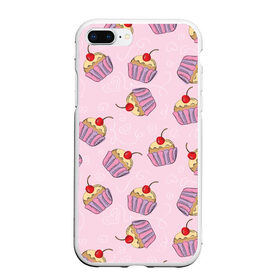 Чехол для iPhone 7Plus/8 Plus матовый с принтом Капкейки на розовом в Курске, Силикон | Область печати: задняя сторона чехла, без боковых панелей | вишенка | еда | капкейки | пирожное | розовый | сладкое | сладости