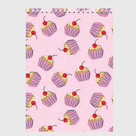 Скетчбук с принтом Капкейки на розовом в Курске, 100% бумага
 | 48 листов, плотность листов — 100 г/м2, плотность картонной обложки — 250 г/м2. Листы скреплены сверху удобной пружинной спиралью | вишенка | еда | капкейки | пирожное | розовый | сладкое | сладости
