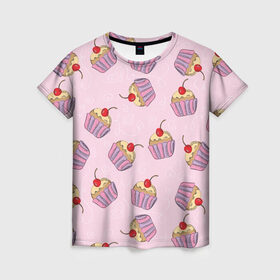 Женская футболка 3D с принтом Капкейки на розовом в Курске, 100% полиэфир ( синтетическое хлопкоподобное полотно) | прямой крой, круглый вырез горловины, длина до линии бедер | вишенка | еда | капкейки | пирожное | розовый | сладкое | сладости