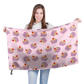 Флаг 3D с принтом Капкейки на розовом в Курске, 100% полиэстер | плотность ткани — 95 г/м2, размер — 67 х 109 см. Принт наносится с одной стороны | вишенка | еда | капкейки | пирожное | розовый | сладкое | сладости