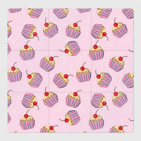 Магнитный плакат 3Х3 с принтом Капкейки на розовом в Курске, Полимерный материал с магнитным слоем | 9 деталей размером 9*9 см | вишенка | еда | капкейки | пирожное | розовый | сладкое | сладости