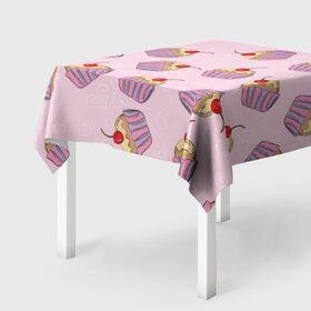 Скатерть 3D с принтом Капкейки на розовом в Курске, 100% полиэстер (ткань не мнется и не растягивается) | Размер: 150*150 см | вишенка | еда | капкейки | пирожное | розовый | сладкое | сладости