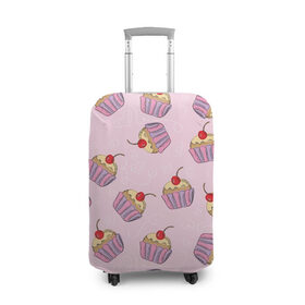 Чехол для чемодана 3D с принтом Капкейки на розовом в Курске, 86% полиэфир, 14% спандекс | двустороннее нанесение принта, прорези для ручек и колес | вишенка | еда | капкейки | пирожное | розовый | сладкое | сладости