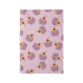 Обложка для паспорта матовая кожа с принтом Капкейки на розовом в Курске, натуральная матовая кожа | размер 19,3 х 13,7 см; прозрачные пластиковые крепления | вишенка | еда | капкейки | пирожное | розовый | сладкое | сладости