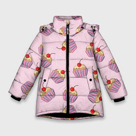 Зимняя куртка для девочек 3D с принтом Капкейки на розовом в Курске, ткань верха — 100% полиэстер; подклад — 100% полиэстер, утеплитель — 100% полиэстер. | длина ниже бедра, удлиненная спинка, воротник стойка и отстегивающийся капюшон. Есть боковые карманы с листочкой на кнопках, утяжки по низу изделия и внутренний карман на молнии. 

Предусмотрены светоотражающий принт на спинке, радужный светоотражающий элемент на пуллере молнии и на резинке для утяжки. | вишенка | еда | капкейки | пирожное | розовый | сладкое | сладости