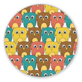 Коврик для мышки круглый с принтом Разноцветные совы в Курске, резина и полиэстер | круглая форма, изображение наносится на всю лицевую часть | детский | лесной | мультяшный | паттерн | разноцветный | сова | совушки | совы | узор