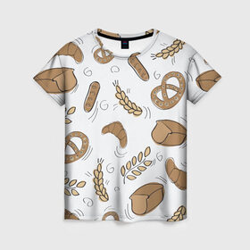 Женская футболка 3D с принтом Узор Пекарня в Курске, 100% полиэфир ( синтетическое хлопкоподобное полотно) | прямой крой, круглый вырез горловины, длина до линии бедер | булки | коричневый | крендель | пекарня | повар | узор | хлеб