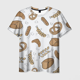 Мужская футболка 3D с принтом Узор Пекарня в Курске, 100% полиэфир | прямой крой, круглый вырез горловины, длина до линии бедер | Тематика изображения на принте: булки | коричневый | крендель | пекарня | повар | узор | хлеб