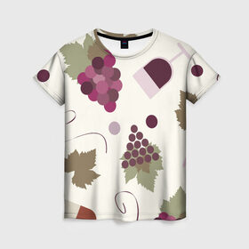 Женская футболка 3D с принтом Виноград и винишко в Курске, 100% полиэфир ( синтетическое хлопкоподобное полотно) | прямой крой, круглый вырез горловины, длина до линии бедер | бокал | винишко | винный | вино | виноград | узор
