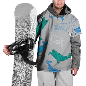 Накидка на куртку 3D с принтом Узор с китами на сером в Курске, 100% полиэстер |  | графика | кит | морской | рыба | серый | синий | узор