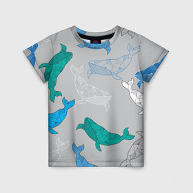 Детская футболка 3D с принтом Узор с китами на сером в Курске, 100% гипоаллергенный полиэфир | прямой крой, круглый вырез горловины, длина до линии бедер, чуть спущенное плечо, ткань немного тянется | графика | кит | морской | рыба | серый | синий | узор
