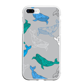 Чехол для iPhone 7Plus/8 Plus матовый с принтом Узор с китами на сером в Курске, Силикон | Область печати: задняя сторона чехла, без боковых панелей | графика | кит | морской | рыба | серый | синий | узор