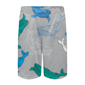Детские спортивные шорты 3D с принтом Узор с китами на сером в Курске,  100% полиэстер
 | пояс оформлен широкой мягкой резинкой, ткань тянется
 | Тематика изображения на принте: графика | кит | морской | рыба | серый | синий | узор